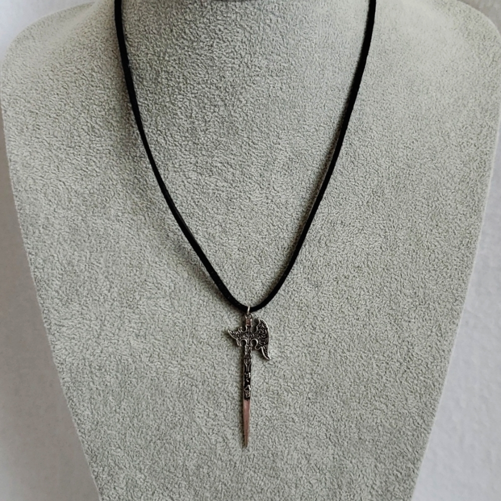 Mens silver battle axe charm black suede necklace